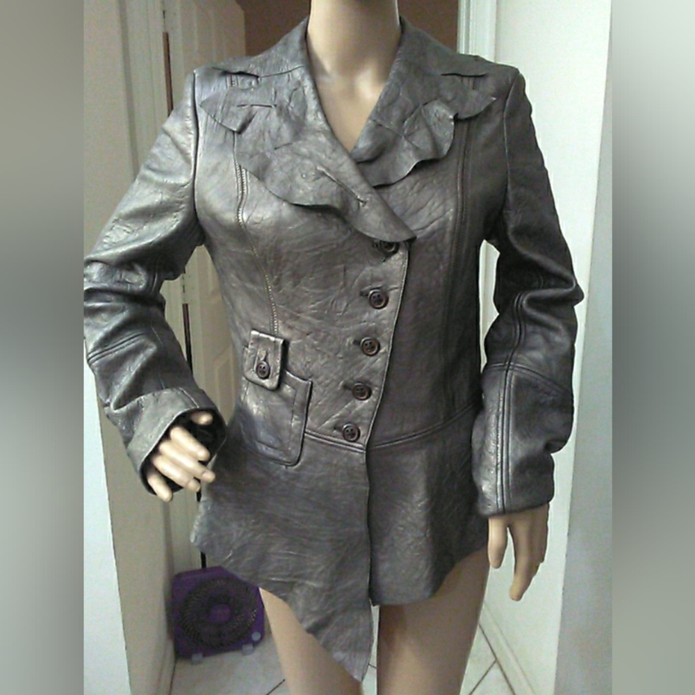Lk NEW "PEOPLE LIKE FRANK" Metallic Leather Jacket ASYMMETRICAL MINIMALIST SM